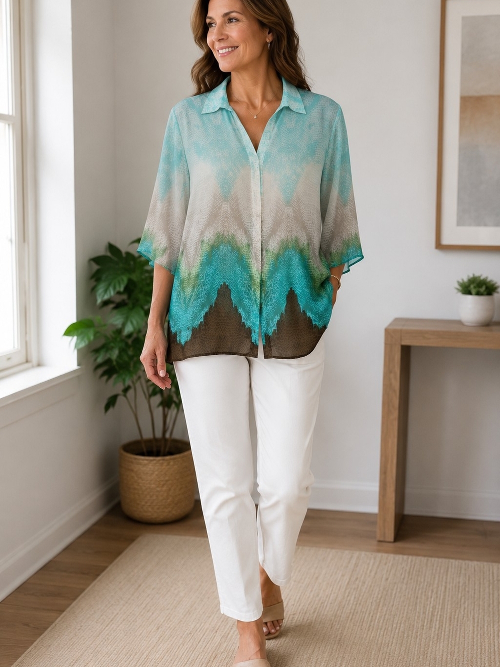 Chico's Size 3 Sheer Aqua Abstract Tunic Blouse 3/4 Sleeve Relaxed Fit